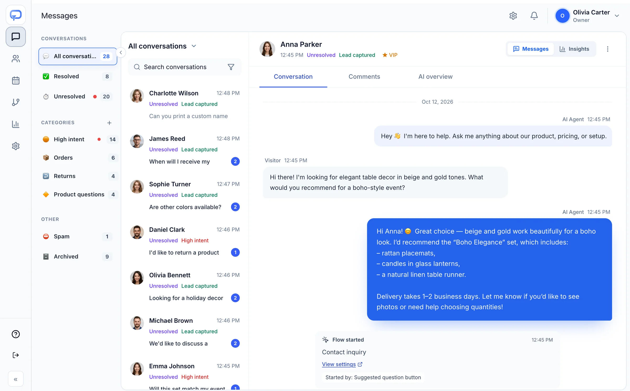Zeltino conversation inbox with categories, intent labels, and an AI agent reply in a visitor thread