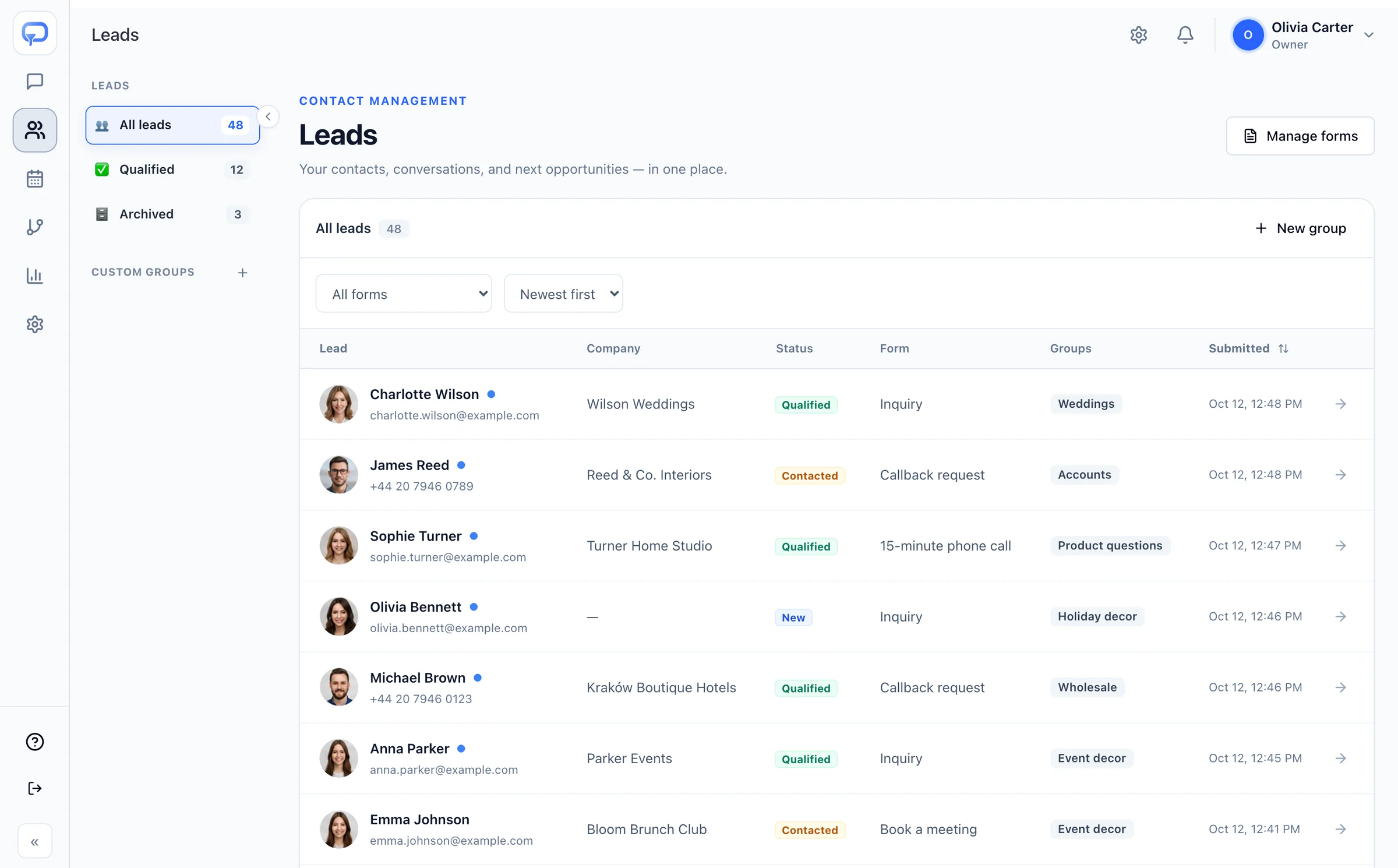 Zeltino leads list with captured visitors, companies, qualification status, source form, and groups