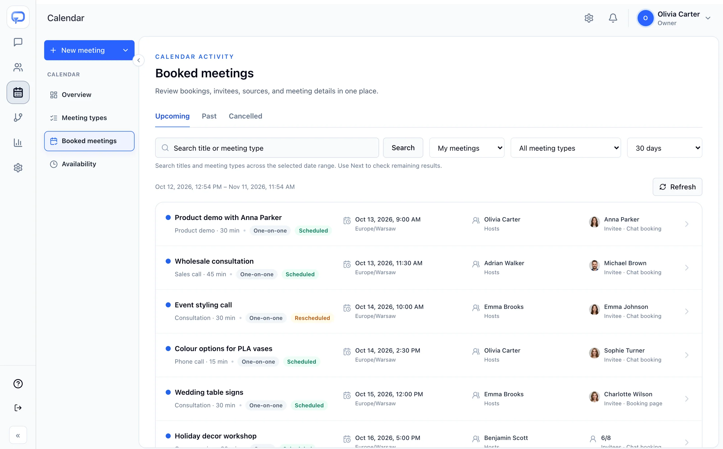 Zeltino booked meetings list showing meetings booked from chat with hosts, invitees, times, and status