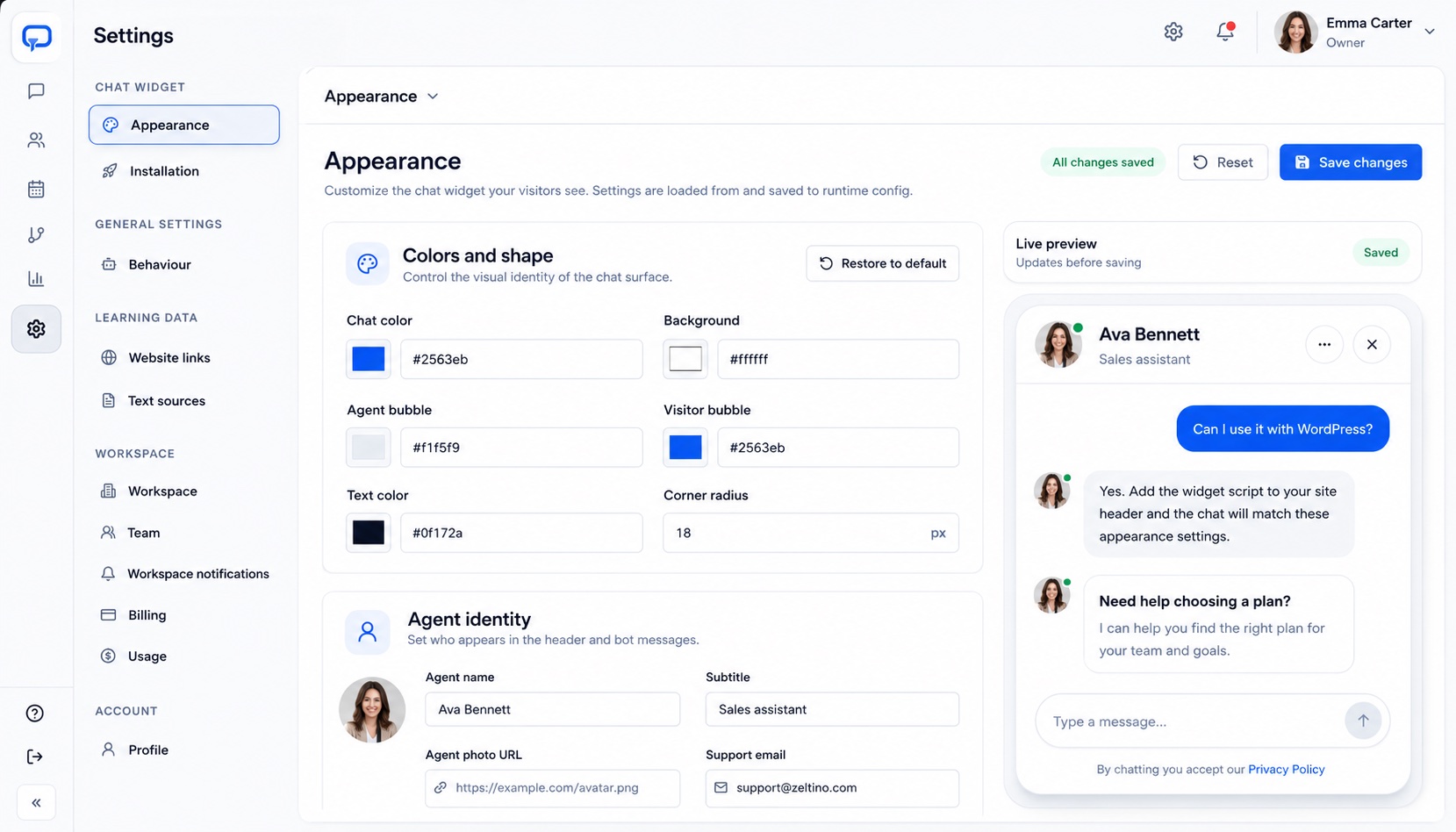 Zeltino appearance settings with brand colors, agent identity, and a live chat preview