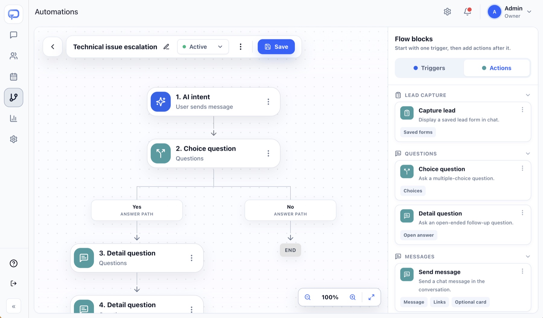 Zeltino automation builder with an AI intent trigger, branching questions, and lead capture actions