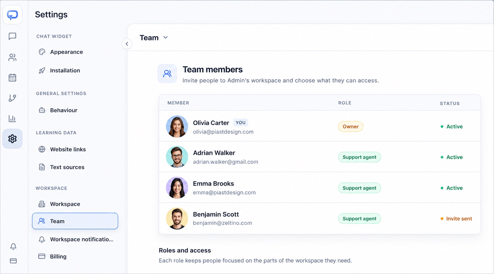 Zeltino team settings showing workspace members, roles, and access status